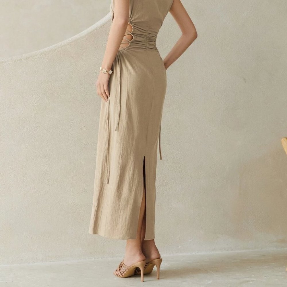 KAHKI RUNCHED LACE UP WAIST SPLIT HEM MAXI DRESS SUMMER BOHO CHIC - Picture 4 of 6